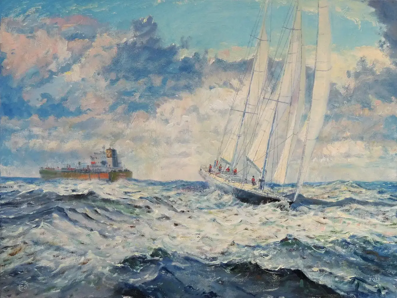 Oil painting of the famous racing yacht Pen Duick VI sailing through rough seas on the open ocean, passing a distant cargo ship.
