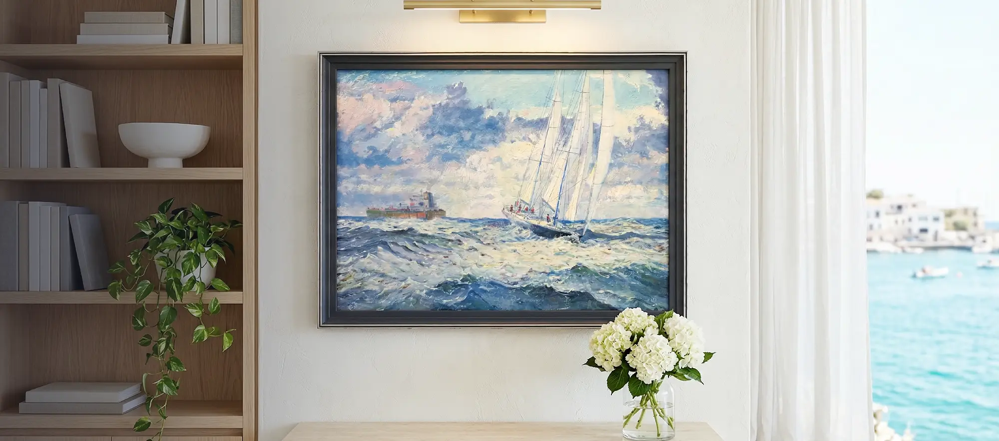 Framed painting of the yacht Pen Duick VI hanging on a white wall above a light wood console table decorated with white hydrangeas.