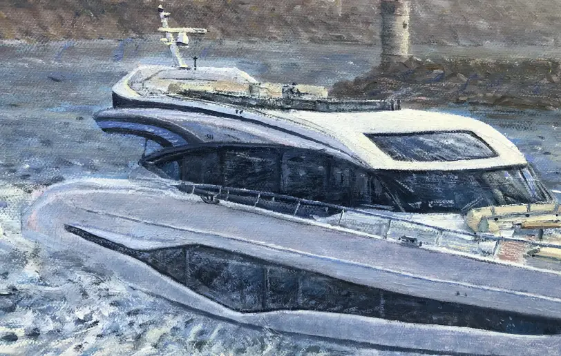 Close up of the stern and profile of the modern Princess S80 yacht cutting through the water.