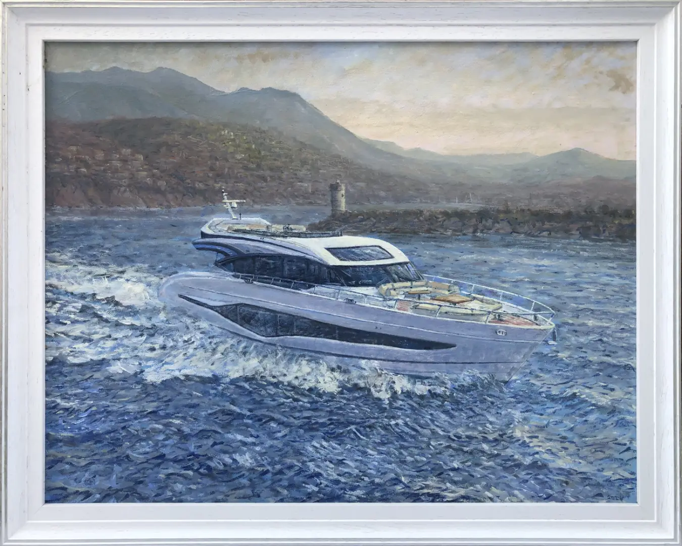 Oil painting in a white wood frame showing the sleek modern motor yacht Princess S80 cruising through blue waters with a misty, mountainous Mediterranean coastline in the background.