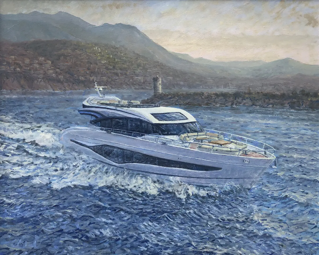 Oil painting of a modern Princess S80 motor yacht cruising past a mountainous Mediterranean coastline in the early morning.