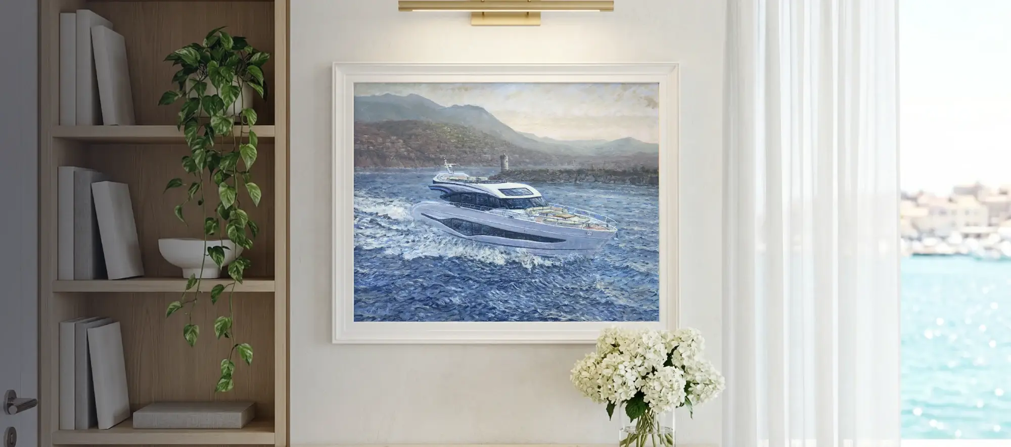 Framed painting of the Princess S80 hanging on a white wall above a light wood console table decorated with white hydrangeas.