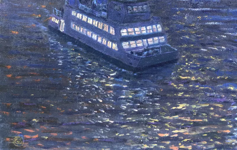 Close up of the left foreground showing the spectator vessel Ocean Scene lit up on the dark water.