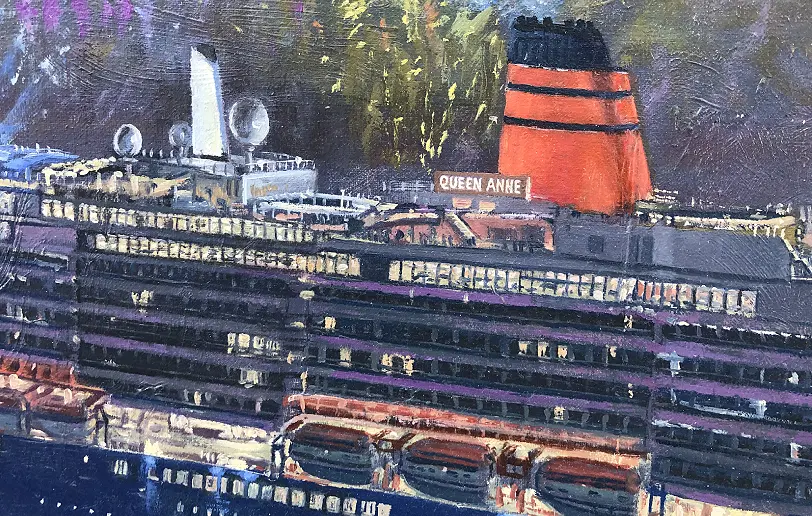 Close up of the brightly lit superstructure and iconic red funnel of the cruise ship Queen Anne.