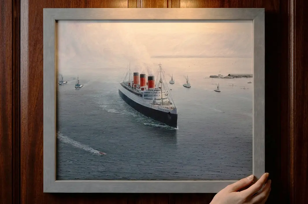 The framed painting held up against rich dark wooden wall panelling under a warm picture light.