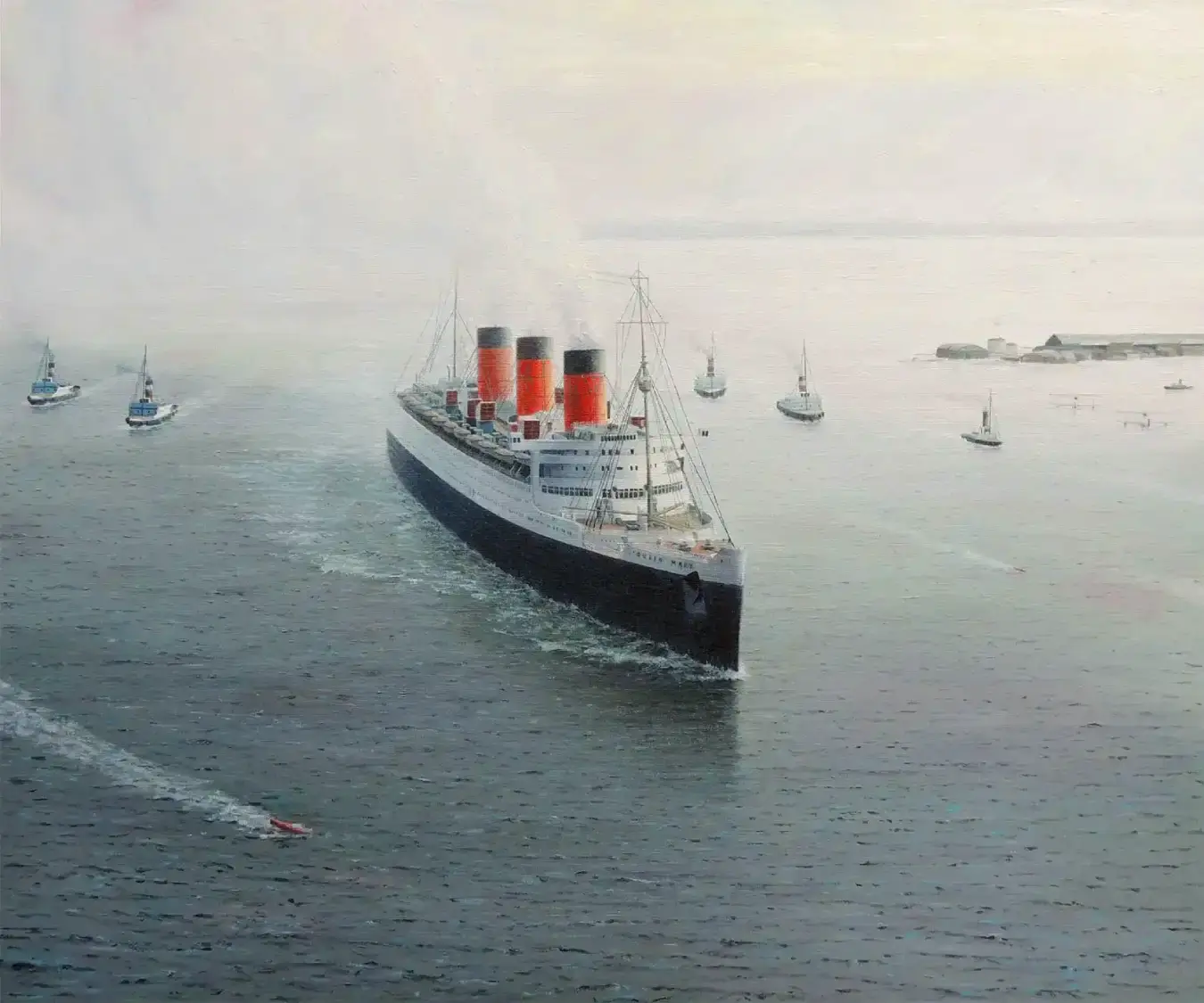 Oil painting of the massive ocean liner Queen Mary arriving in Southampton, escorted by small tugboats.