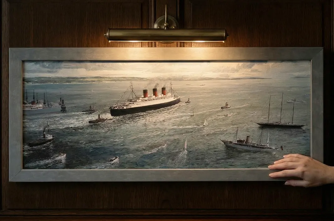 The framed panoramic painting held up against rich dark wooden wall panelling.