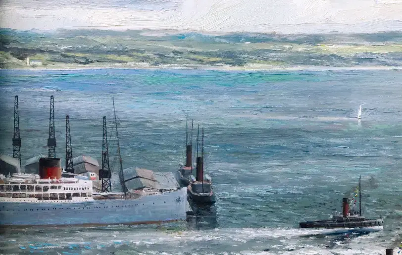 Close up of the left side of the painting, showing the stern of the Queen Mary and escorting tugs in the wake.