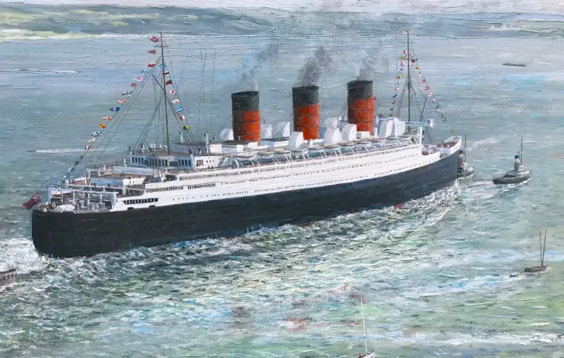 Close up of the massive hull and red funnels of the Queen Mary cutting through the water.
