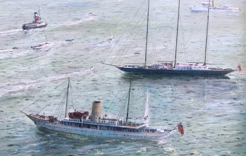 Close up of the right side of the painting, showing a variety of small spectator yachts and boats gathering to watch the departure.