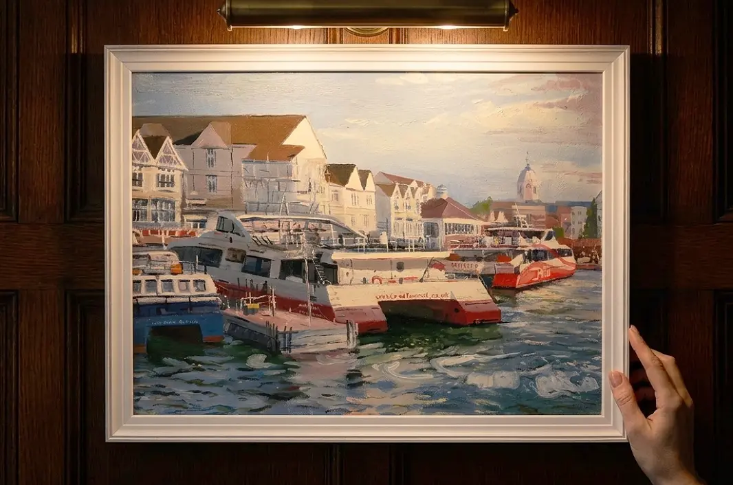 A person's hands adjusting the framed painting against rich dark wooden wall panelling under a warm picture light.