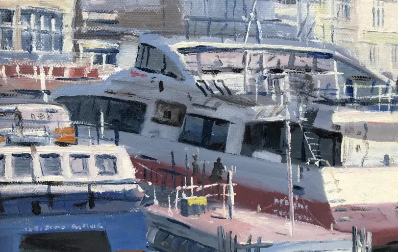 Close up of the left side of the painting showing the blue Hythe ferry and the loose brushwork depicting the waterfront buildings.