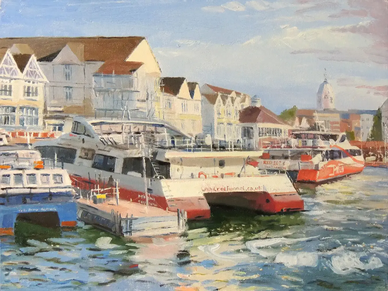 Impressionistic plein air oil painting of the ferry terminal at Town Quay, Southampton, featuring Red Funnel ferries moored on the water.