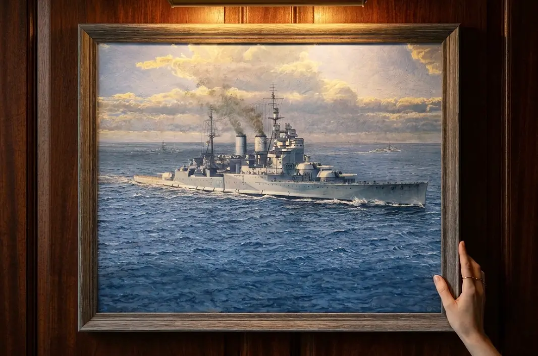 The framed painting against rich dark wooden wall panelling under a warm picture light.