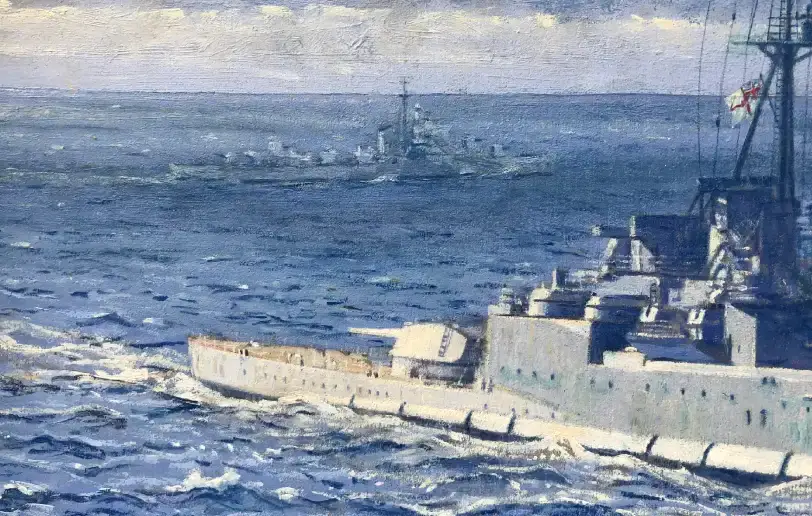 Close up of the stern of HMS Renown, showing her intricate 1943 camouflage paint scheme and a distant destroyer on the horizon.