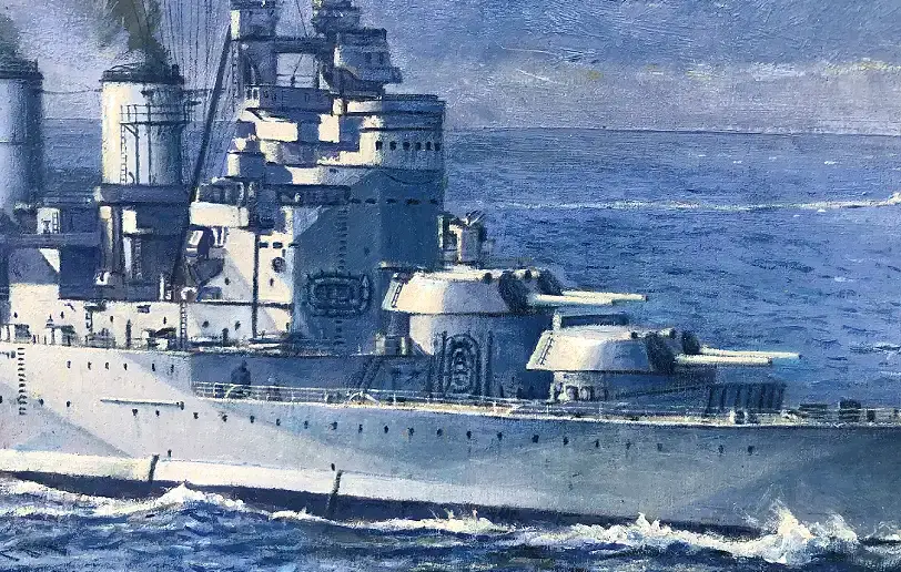 Close up of the ship's forward structure, showing the main gun turrets, bridge, and funnels billowing dark smoke.