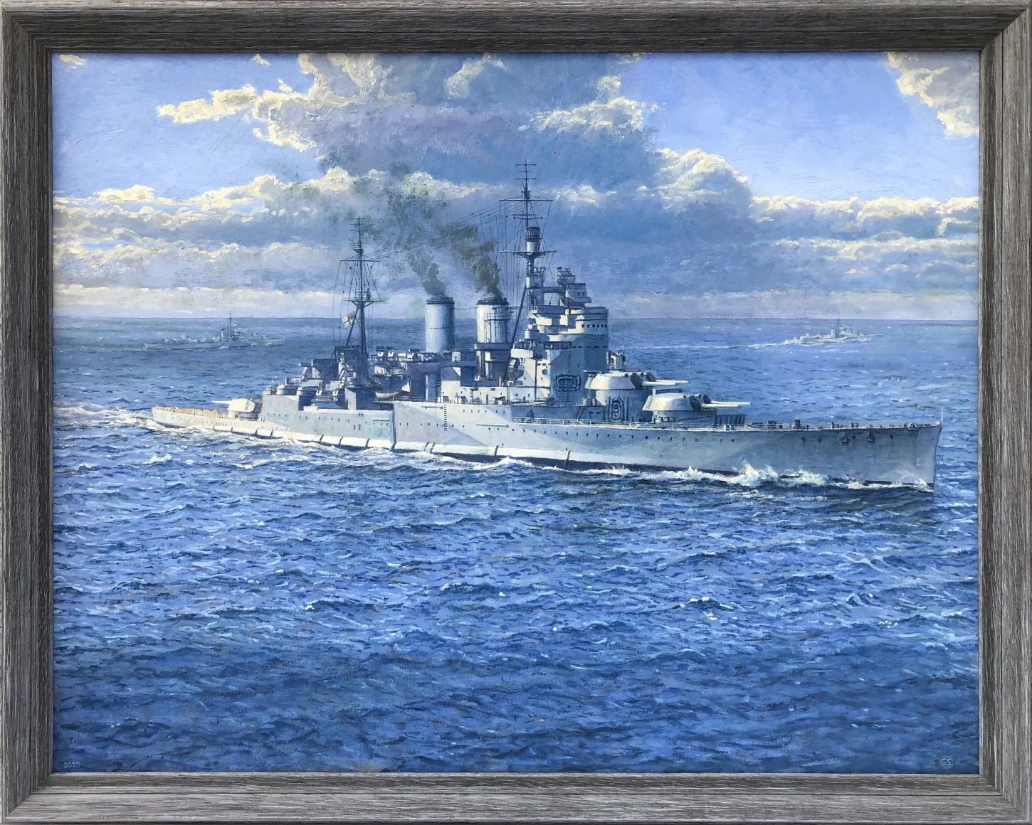 Oil painting in a distressed silver-grey frame showing the British battleship HMS Renown cutting through choppy blue waters. She is painted in her geometric 1943 camouflage scheme, with dark smoke billowing from her funnels under an atmospheric, cloudy sky.