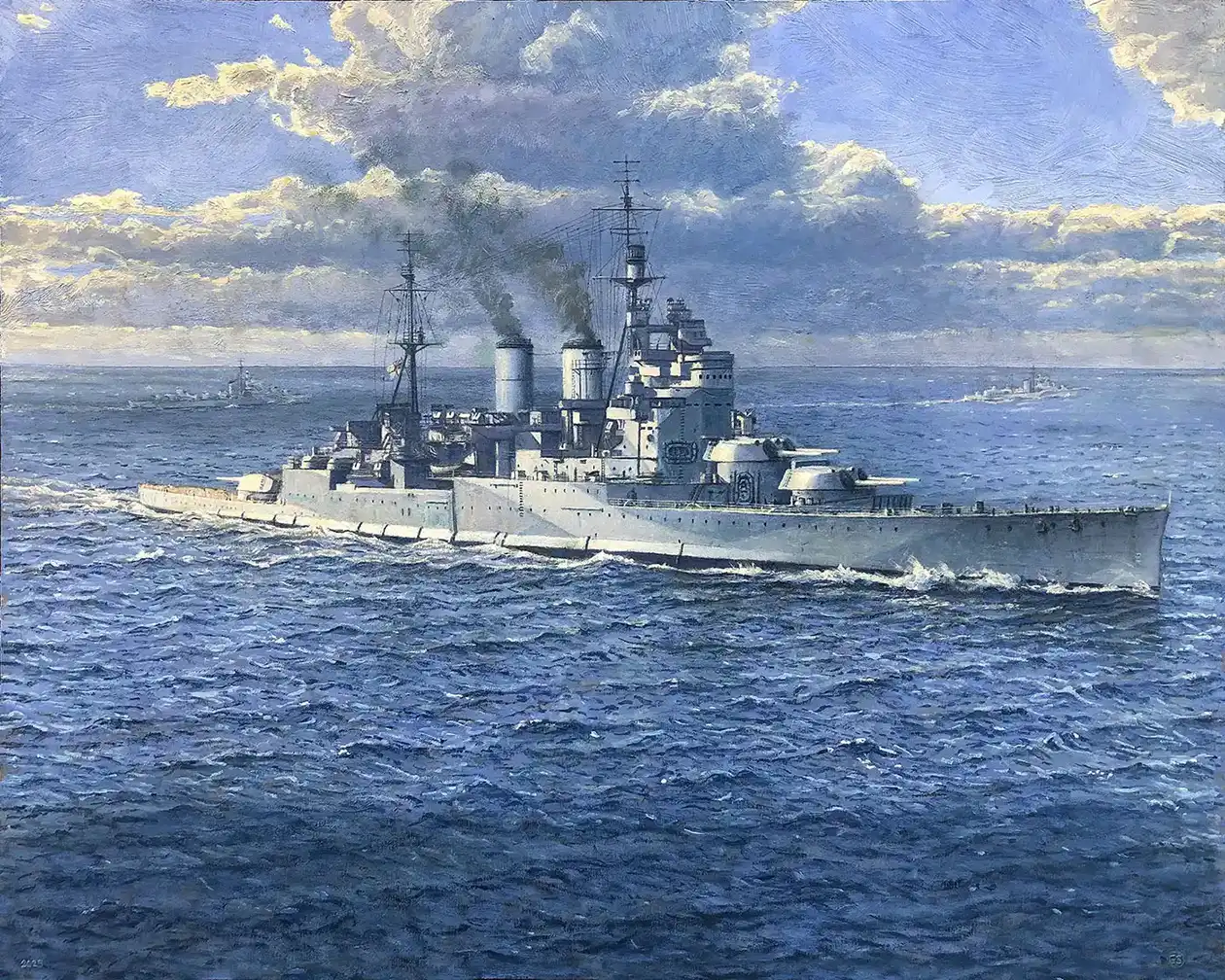 Oil painting of the British battleship HMS Renown cutting through choppy blue waters in her 1943 camouflage.