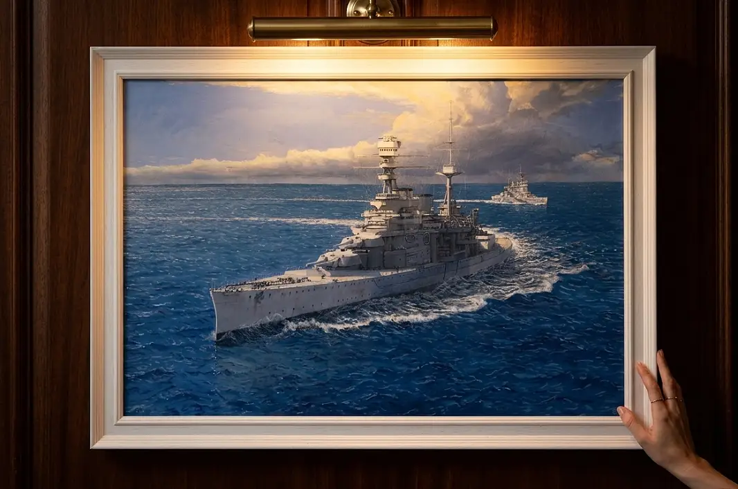 The framed painting held up by two hands against rich dark wooden wall panelling under a warm picture light.