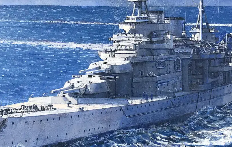 Close up of the forward section of HMS Repulse, detailing the main gun turrets and the ship's bridge structure cutting through the sea.