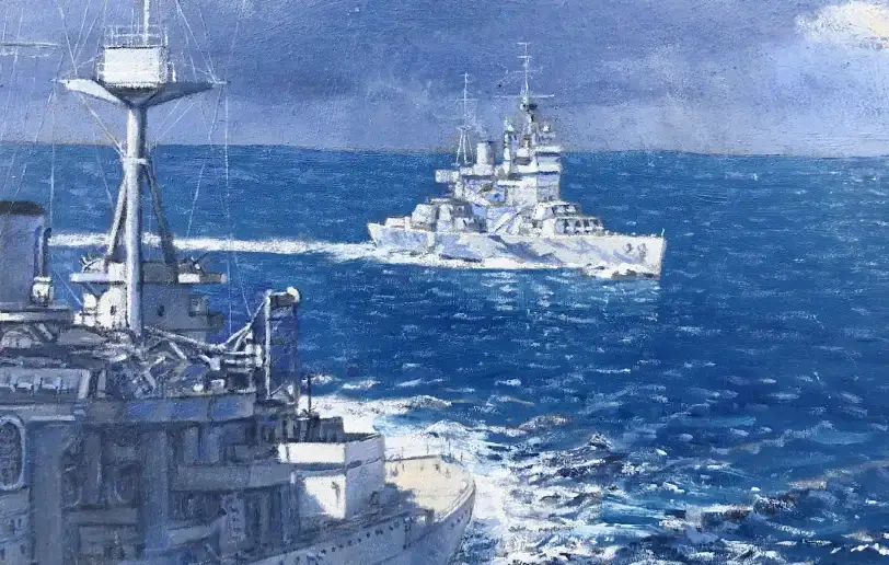 Close up of the ship's aft section and the smaller silhouette of HMS Prince of Wales following in the distant blue waters.