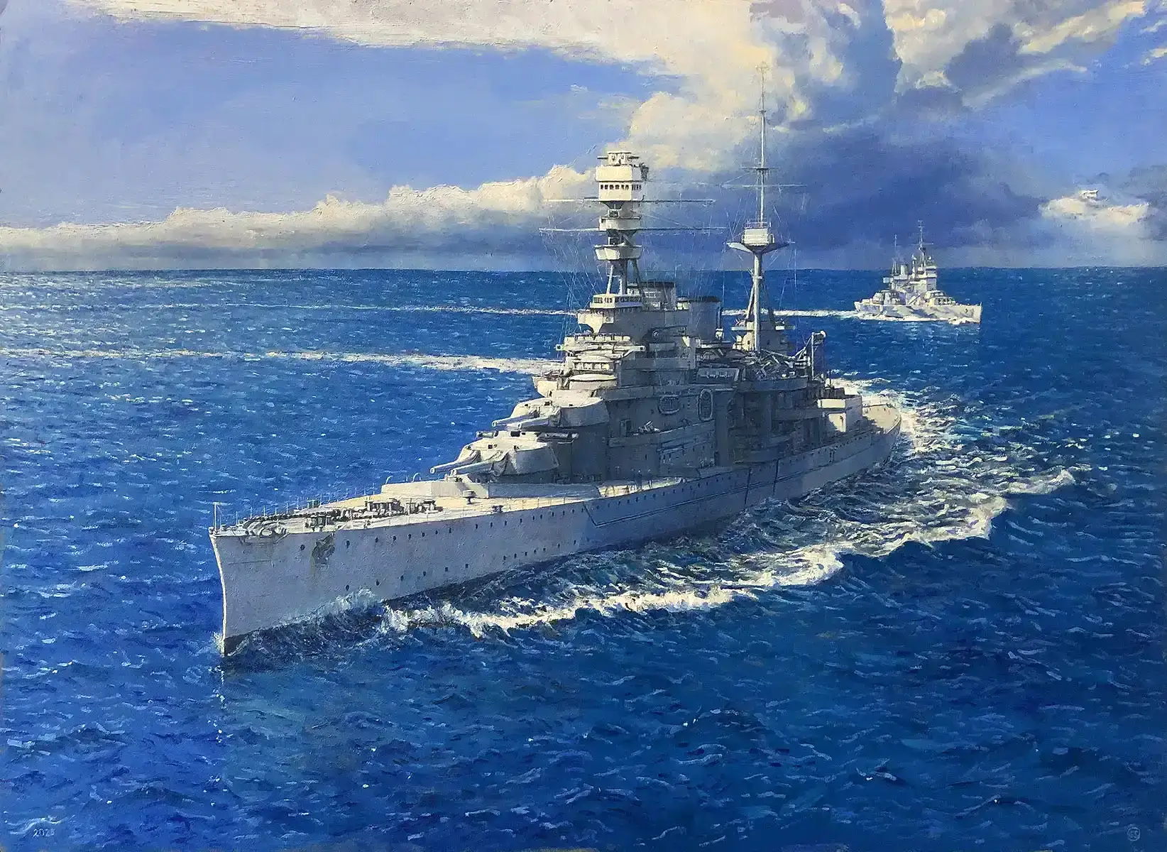 Oil painting of the battlecruiser HMS Repulse and battleship HMS Prince of Wales sailing through the Indian Ocean.