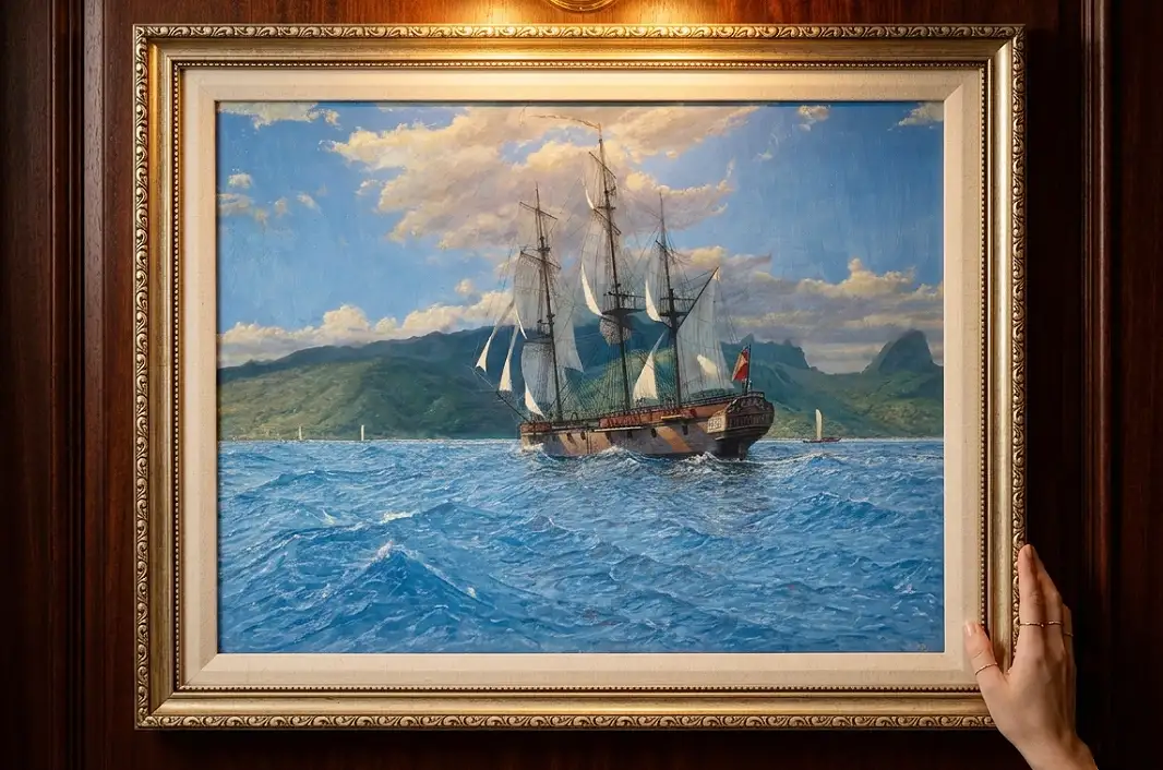 The framed painting against rich dark wooden wall panelling under a warm picture light.