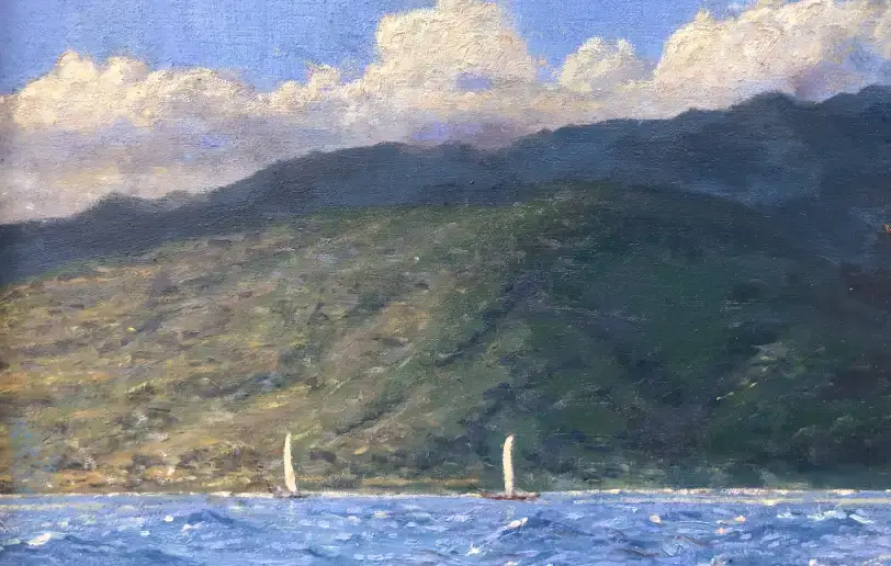 Close up of the left side of the painting showing lush, hazy green mountains rising from the blue sea, with a small white sailboat in the distance.