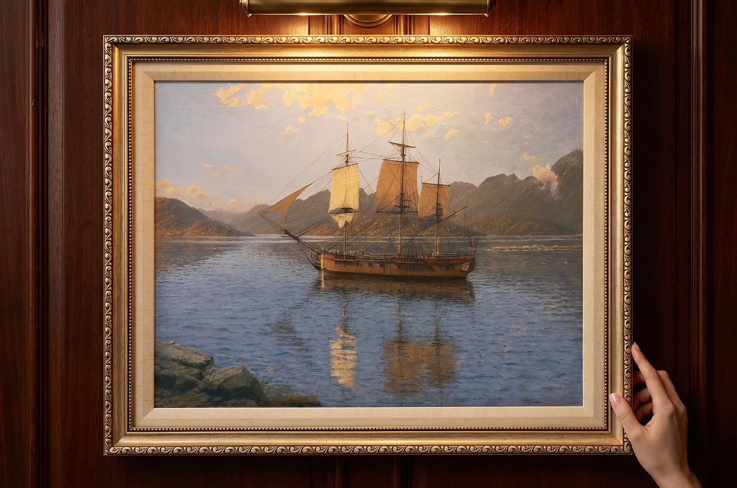 The framed HMS Resolution oil painting displayed against rich dark wood wall panelling illuminated by a warm brass picture light.