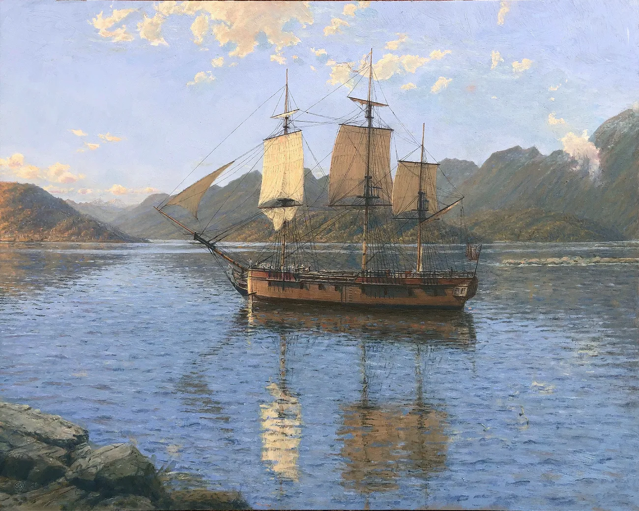 Historical oil painting of Captain James Cook's ship HMS Resolution navigating the calm, reflective waters of Dusky Sound, New Zealand in 1773.