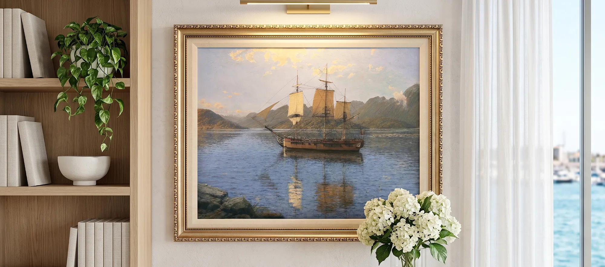 Framed historical oil painting of HMS Resolution in New Zealand mounted above a light wood console table decorated with fresh white flowers.