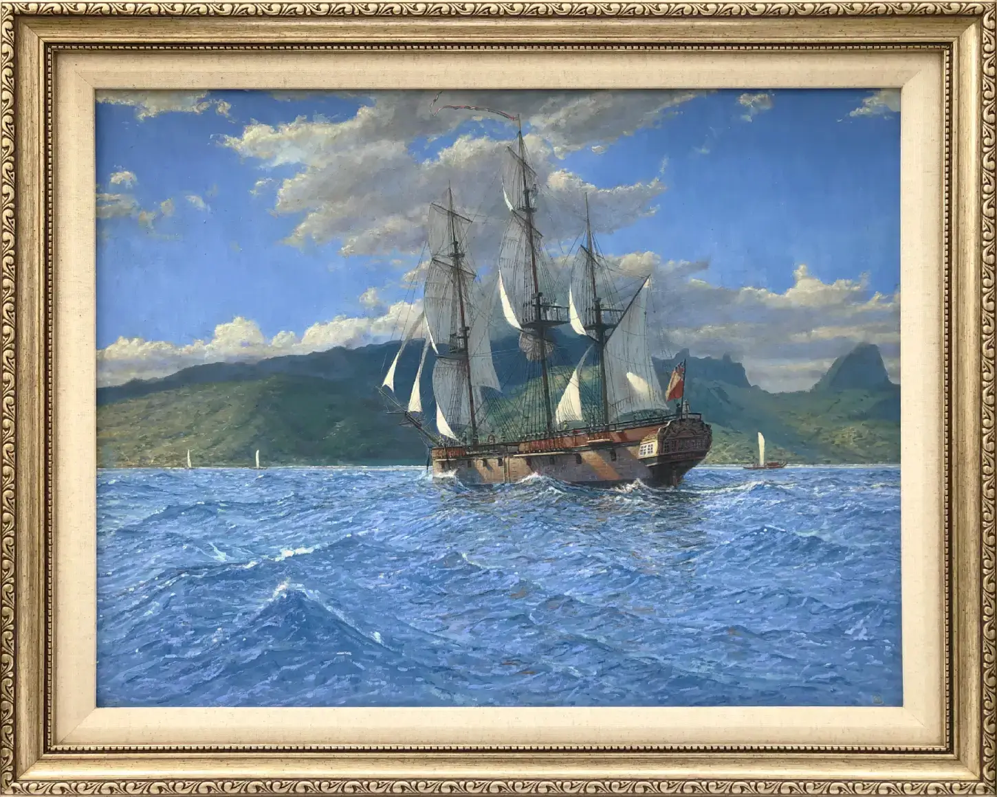 HMS Resolution approaching Raiatea