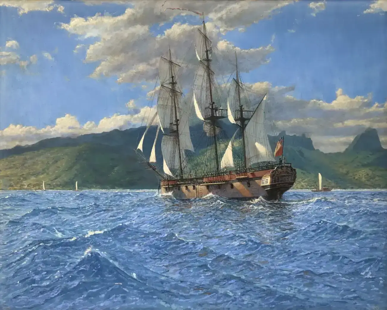 Oil painting of the three-masted wooden ship HMS Resolution sailing on bright blue water towards the lush green mountainous coast of Raiatea.