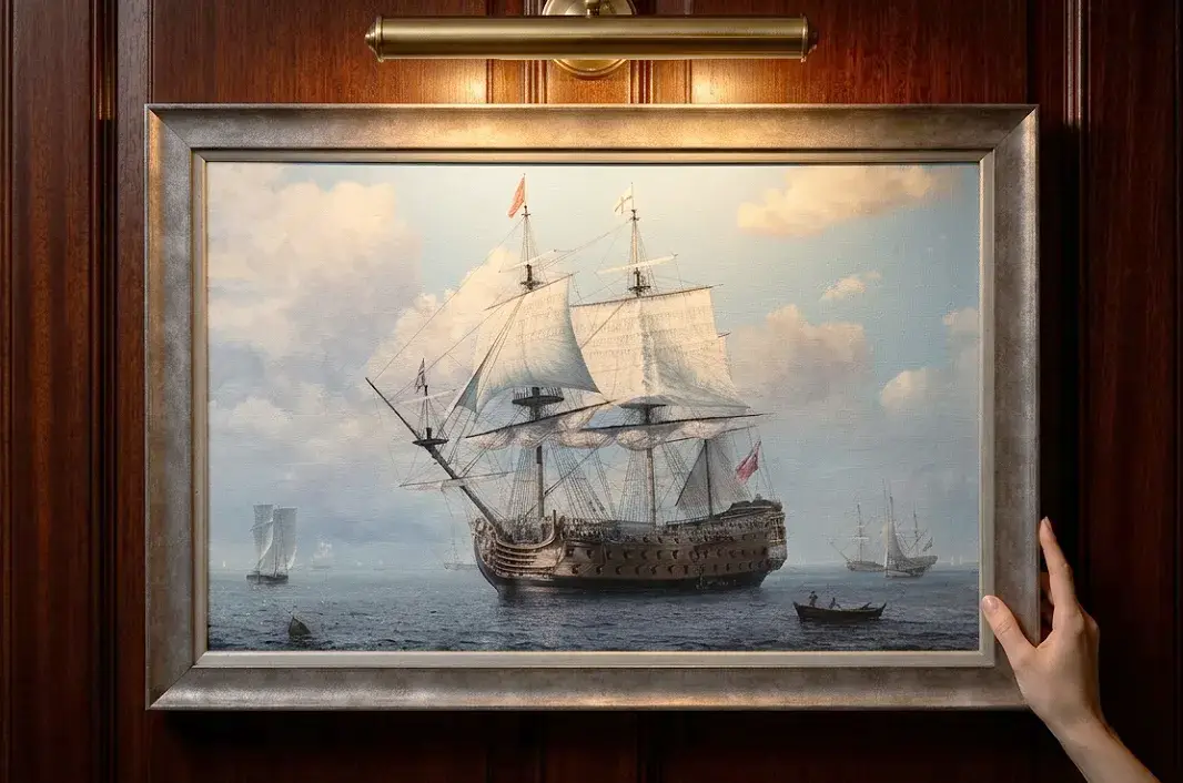 A person's hands adjusting the framed painting against rich dark wooden wall panelling under a brass picture light.