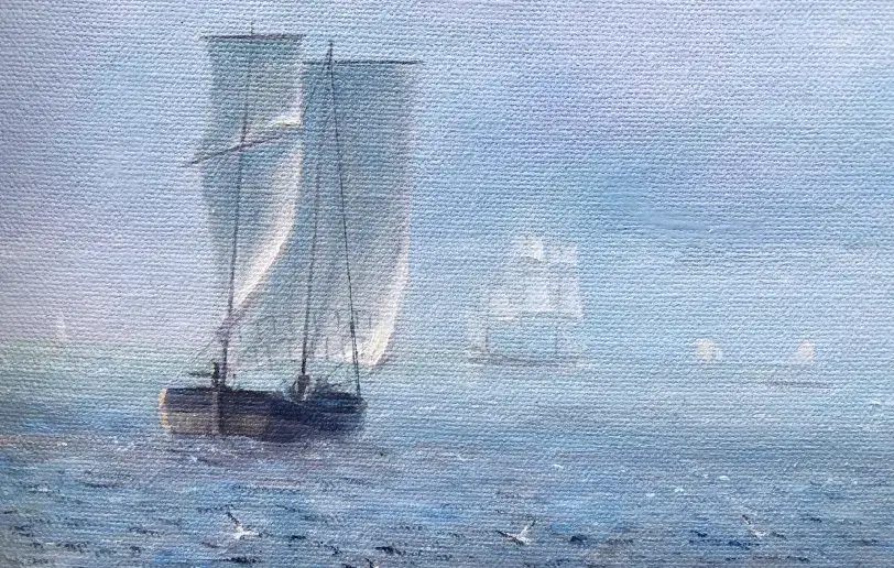 Close up of the left side of the painting, showing distant sailing vessels in the anchorage on calm blue water.