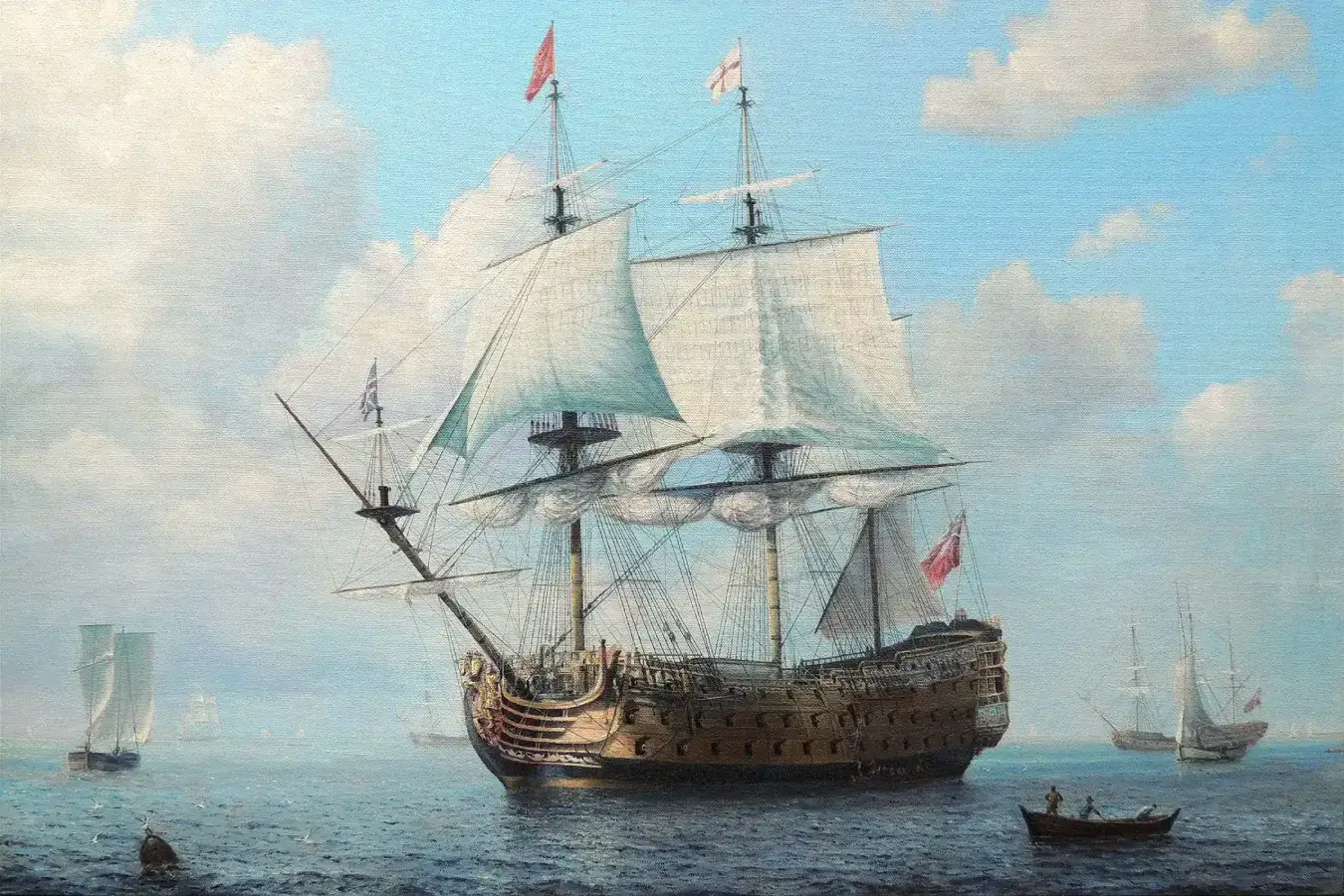 Oil painting of the historic 18th-century warship HMS Royal William with white sails hove-to in a calm sea.
