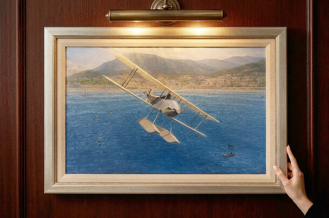 A person's hands adjusting the framed aviation painting against rich dark wooden wall panelling under a warm picture light.