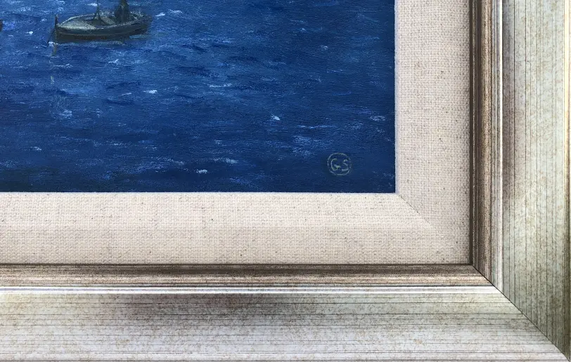 Close up of the champagne gold picture frame, inner white linen slip, and the artist's initials painted over the deep blue water.