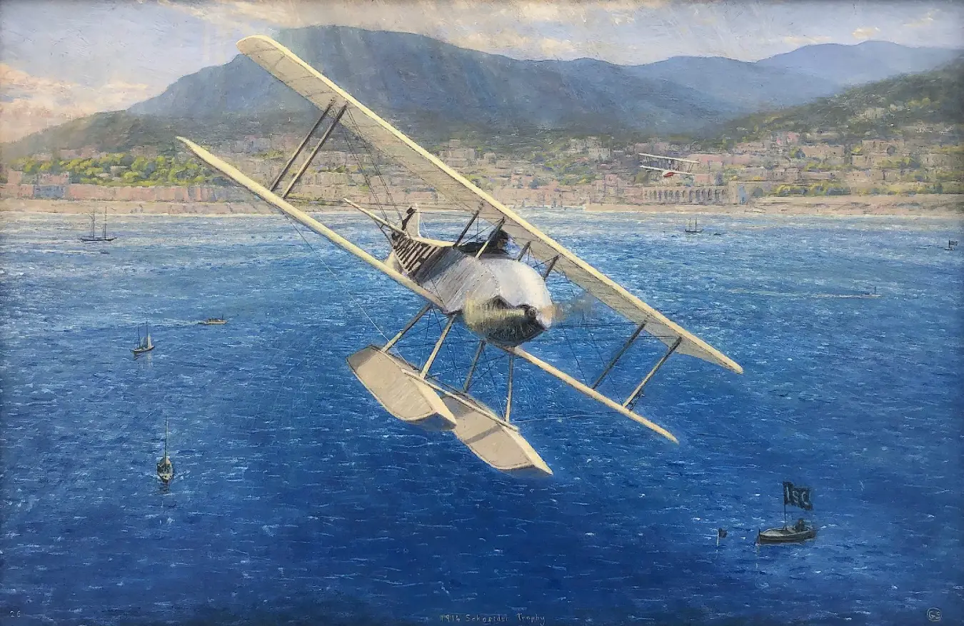 Oil painting of Howard Pixton's Sopwith Tabloid floatplane banking sharply over the blue waters of Monaco during the 1914 Schneider Trophy.