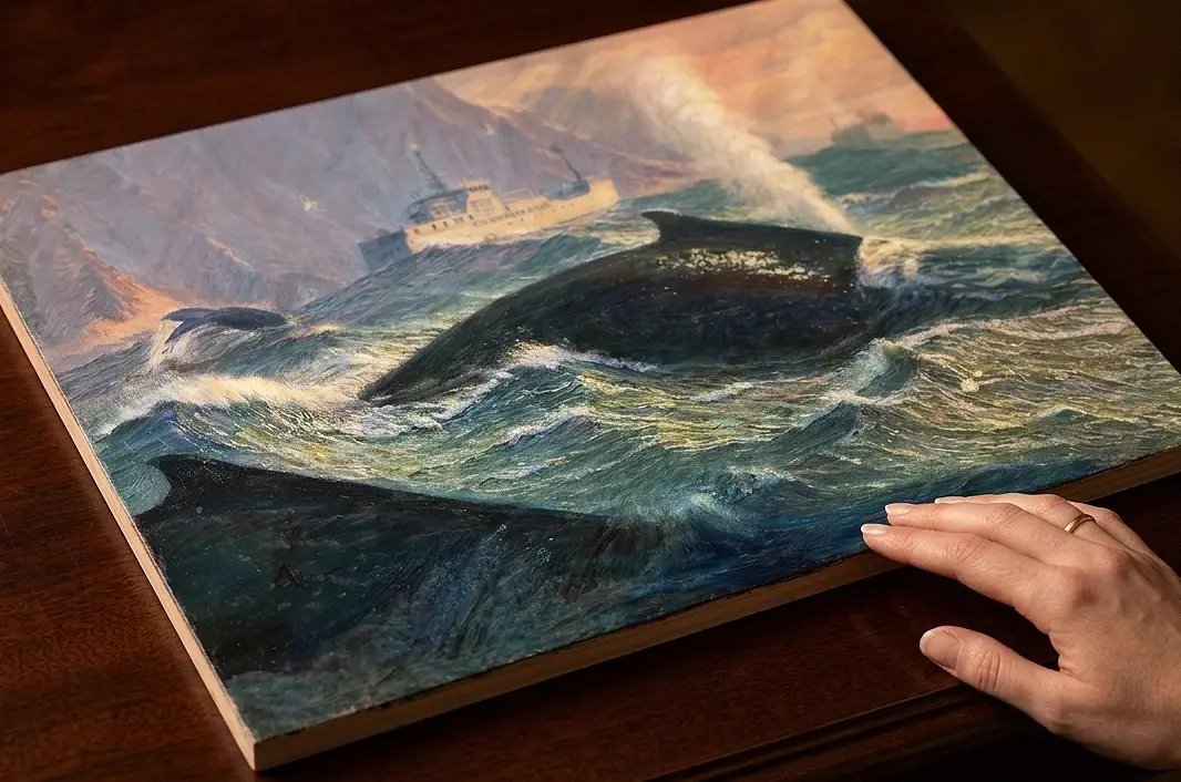 A person's hands resting near the edge of the unframed canvas panel, showcasing the painting's texture on a dark wooden table.