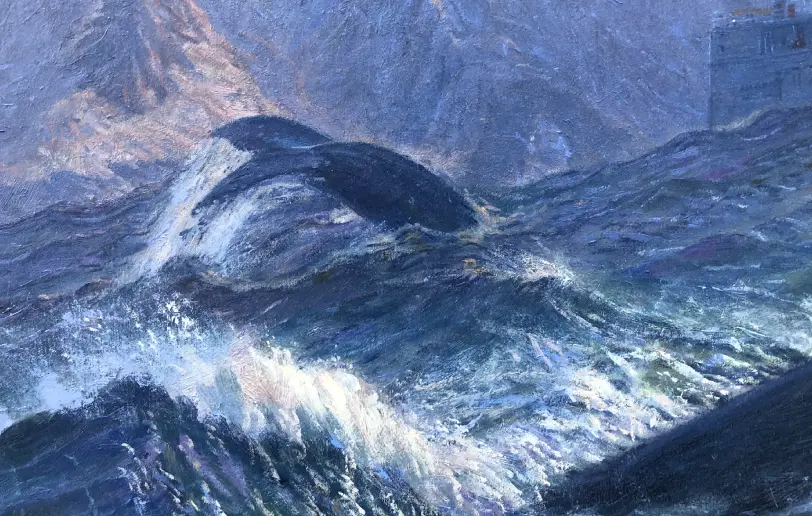 Close up of the left side of the painting showing a humpback whale's tail plunging into the turbulent, icy waves.