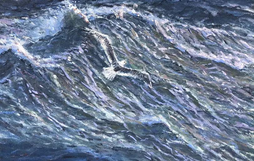 Close up of the right foreground highlighting the detailed brushwork of the choppy, dark blue Antarctic water.