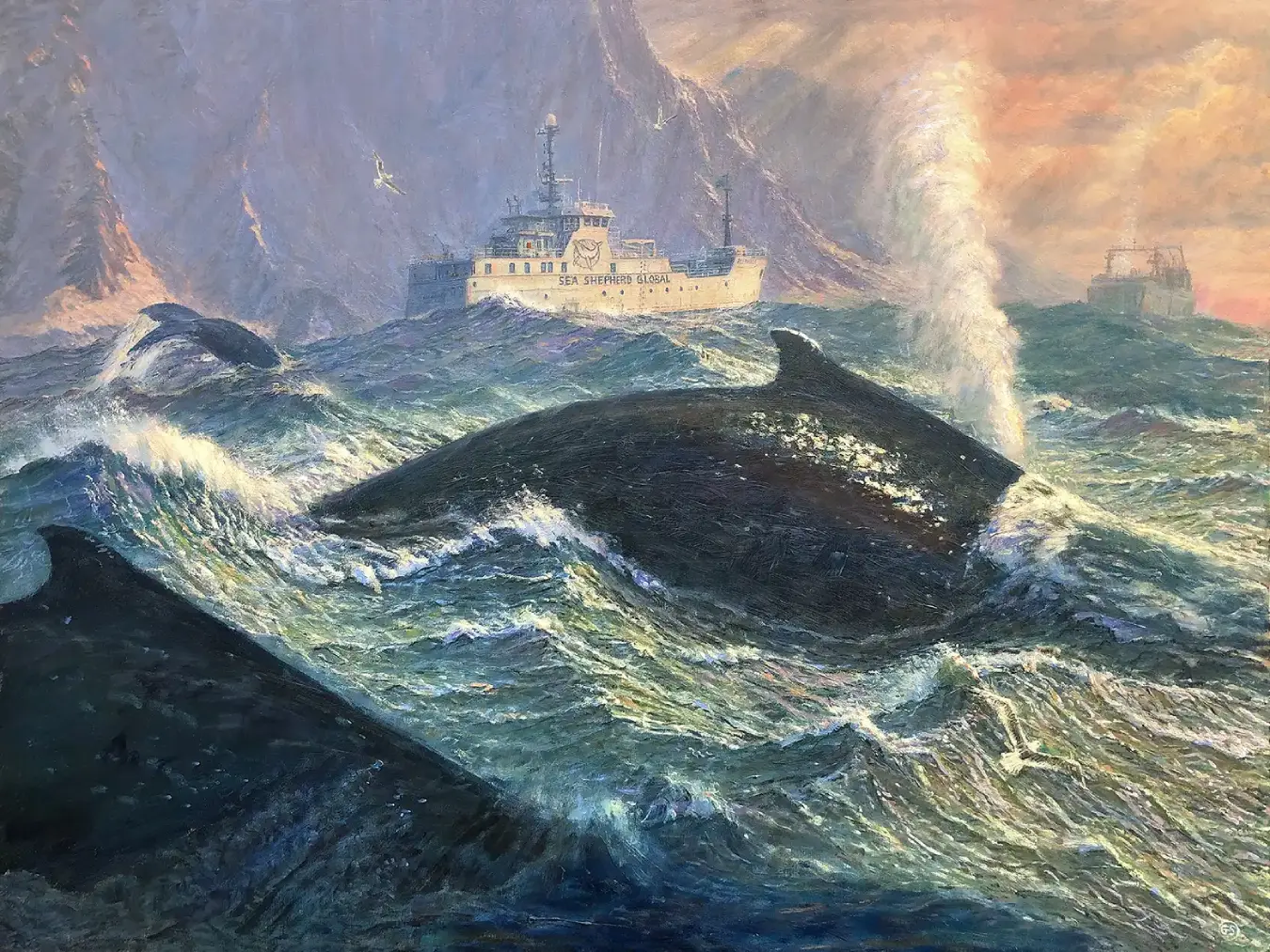 Unframed oil painting showing the Sea Shepherd ship Allankay and a distant fishing vessel in rough Antarctic seas, with large humpback whales breaching the dramatic waves in the foreground.