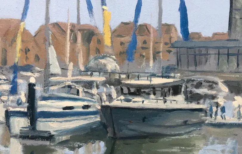 Close up of the right side of the canvas showing the architectural details of the Harbour Hotel.
