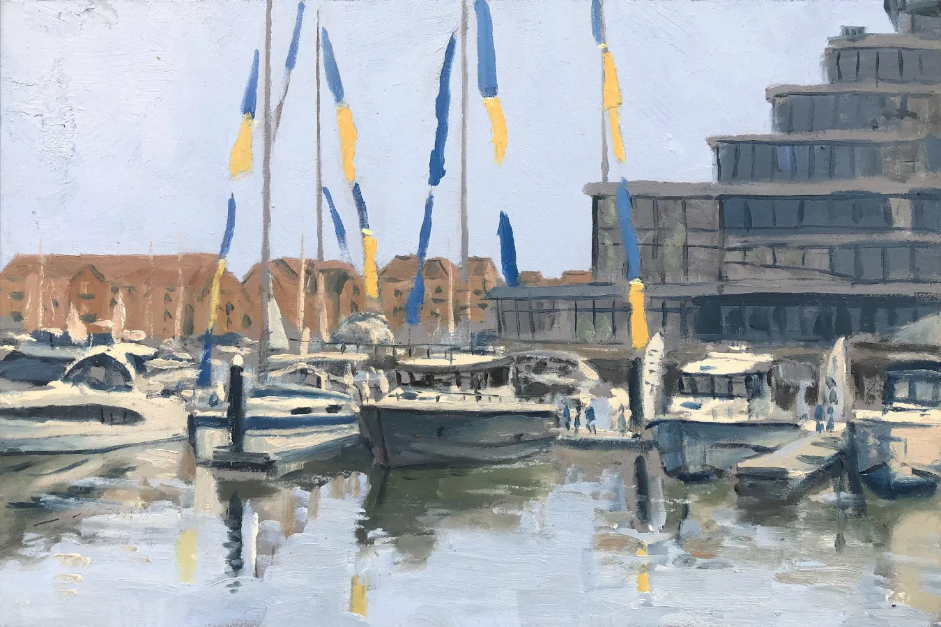Impressionistic oil painting of the South Coast Boat Show at Ocean Village, showing yacht masts and the tiered Harbour Hotel architecture.