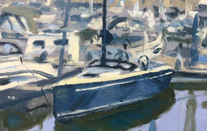 Close-up of the dark blue yacht and impressionistic water reflections on the right side of the painting.