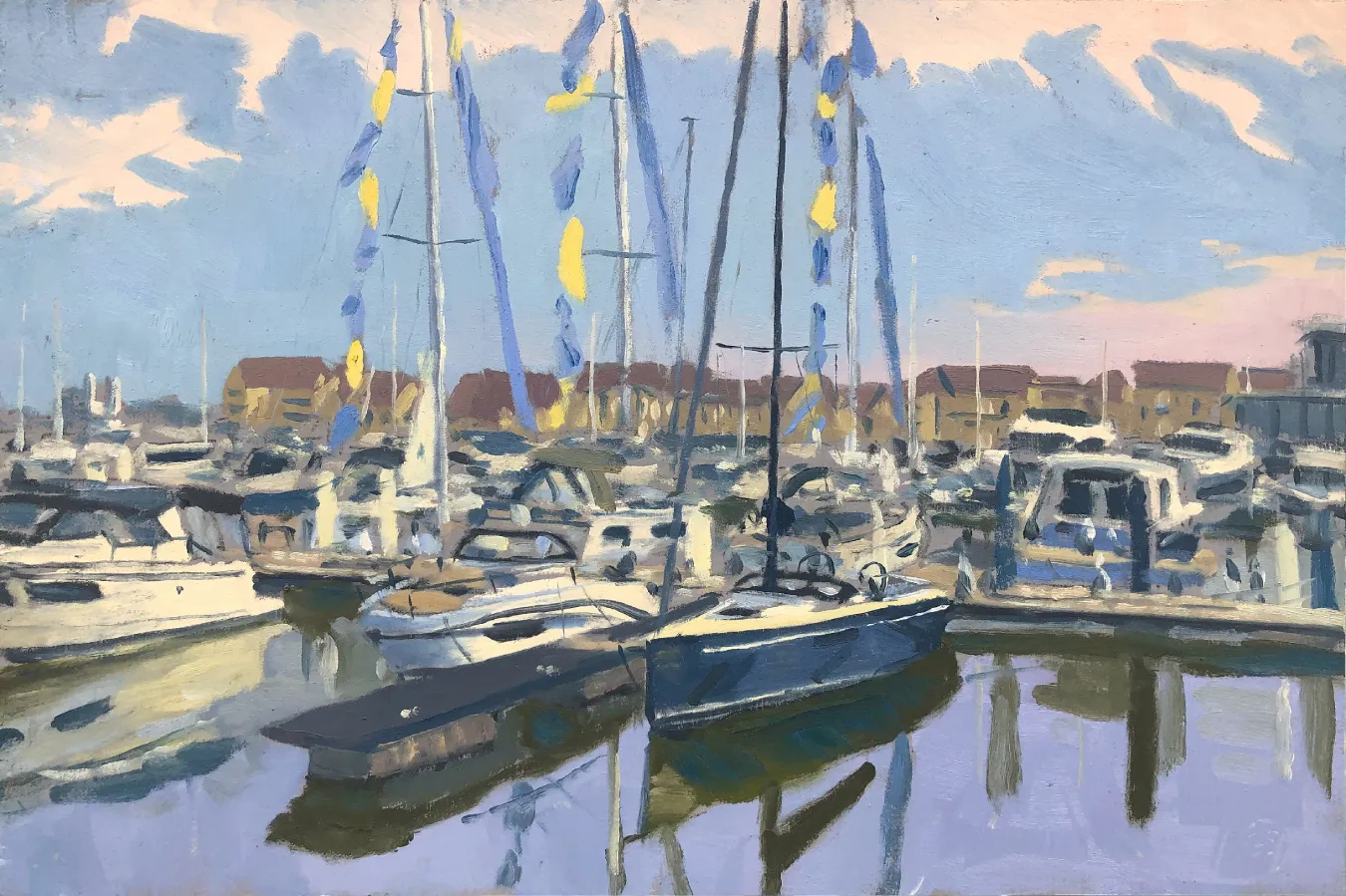 Oil painting of Ocean Village marina during the boat show, featuring a prominent blue yacht in the foreground and yellow event flags.