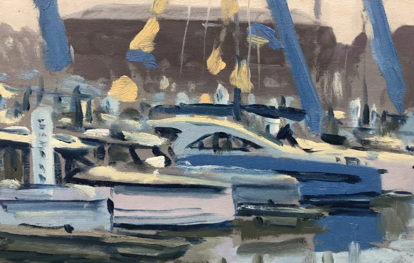 Close-up of the right side of the painting, highlighting the loose brushwork of the blue yachts and yellow flags.