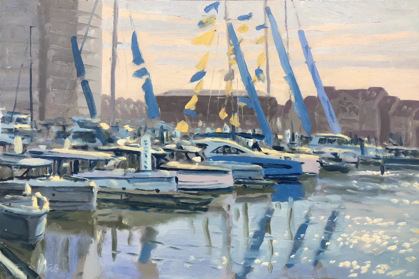 Oil painting of the South Coast Boat Show in the soft morning light, showing yachts moored in Ocean Village with pale skies and yellow event flags.