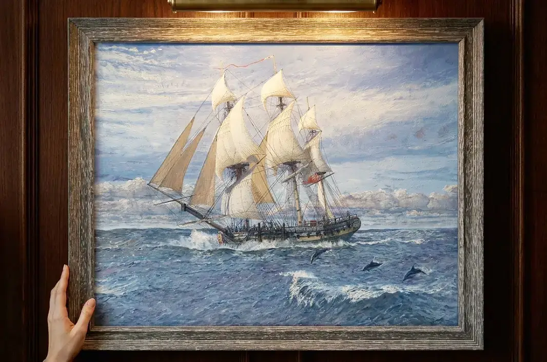 The framed painting against rich dark wooden wall panelling under a warm picture light.